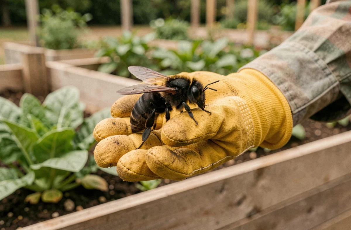 Main gantée tenant une abeille charpentière noire dans un jardin potager, insecte pollinisateur à protéger