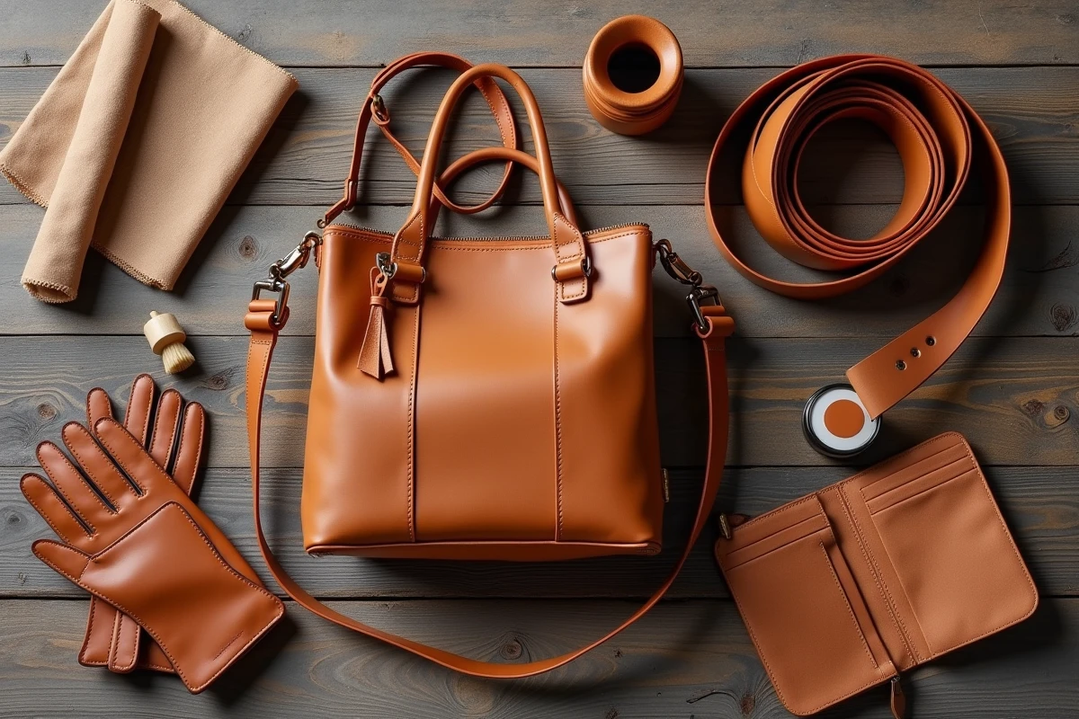 Accessoires en cuir — sac, ceinture, portefeuille et gants — prêts à être traités avec POLILAR sur une table en bois