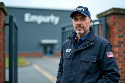 Agent de sécurité en uniforme surveillant l'entrée industrielle