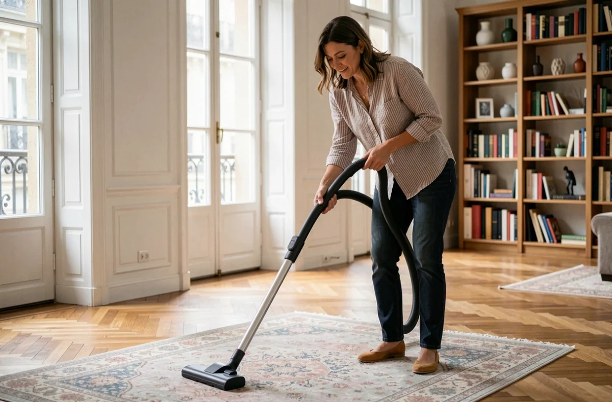 Aide ménagère passant l'aspirateur dans un salon parisien avec parquet en chevrons, travail à domicile rémunéré en CESU