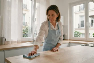 Aide ménagère en tablier bleu essuyant un plan de travail dans une cuisine moderne, illustrant le tarif d'une aide à domicile en CESU