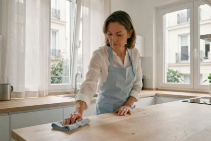 Aide ménagère en tablier bleu essuyant un plan de travail dans une cuisine moderne, illustrant le tarif d'une aide à domicile en CESU