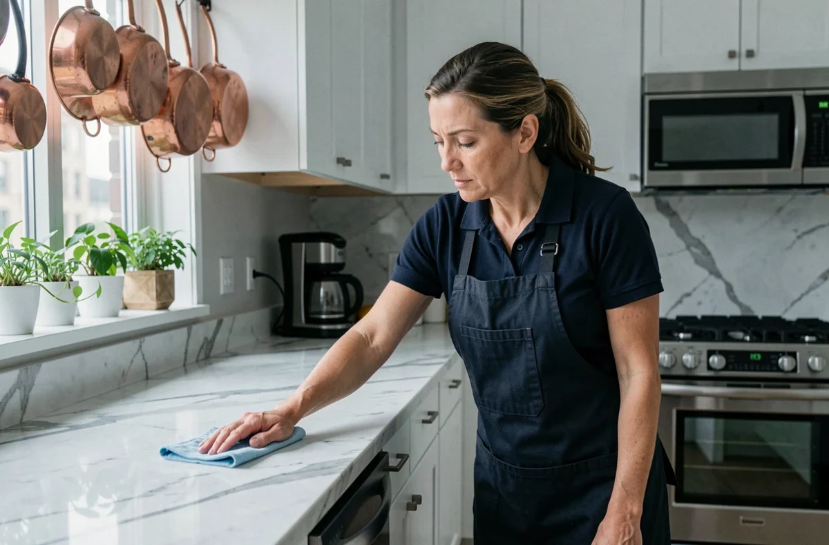 Aide ménagère professionnelle nettoyant un plan de travail en marbre dans une cuisine moderne