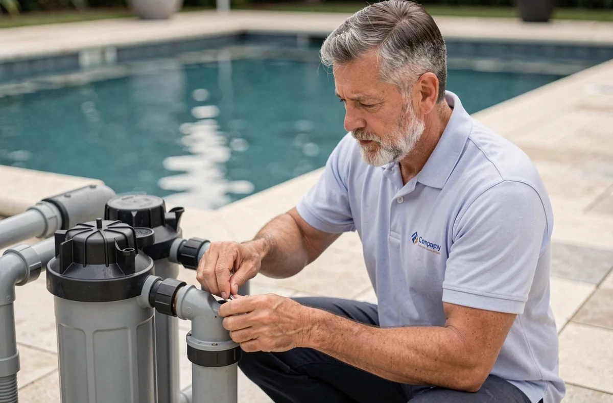 Alain Ellien, technicien piscine expérimenté, réglant un système de filtration sur le bord d'une piscine résidentielle avec dallage en pierre naturelle