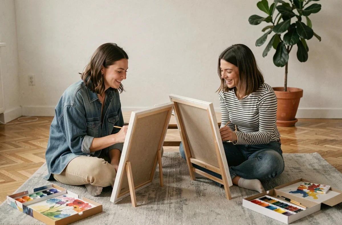 Deux amies partageant une séance de paint by number ensemble, activité créative conviviale et bienfaits sur la santé mentale