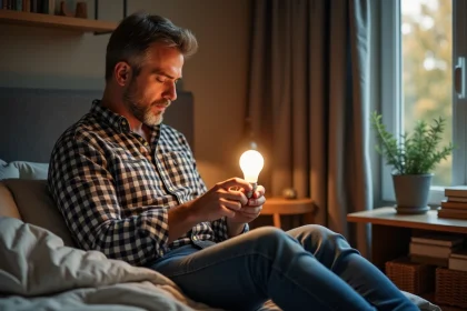 Homme installant une petite ampoule dans une lampe de chambre