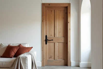 Ancienne porte en bois de chêne massif avec quincaillerie en fer forgé intégrée dans un intérieur contemporain minimaliste aux murs blancs