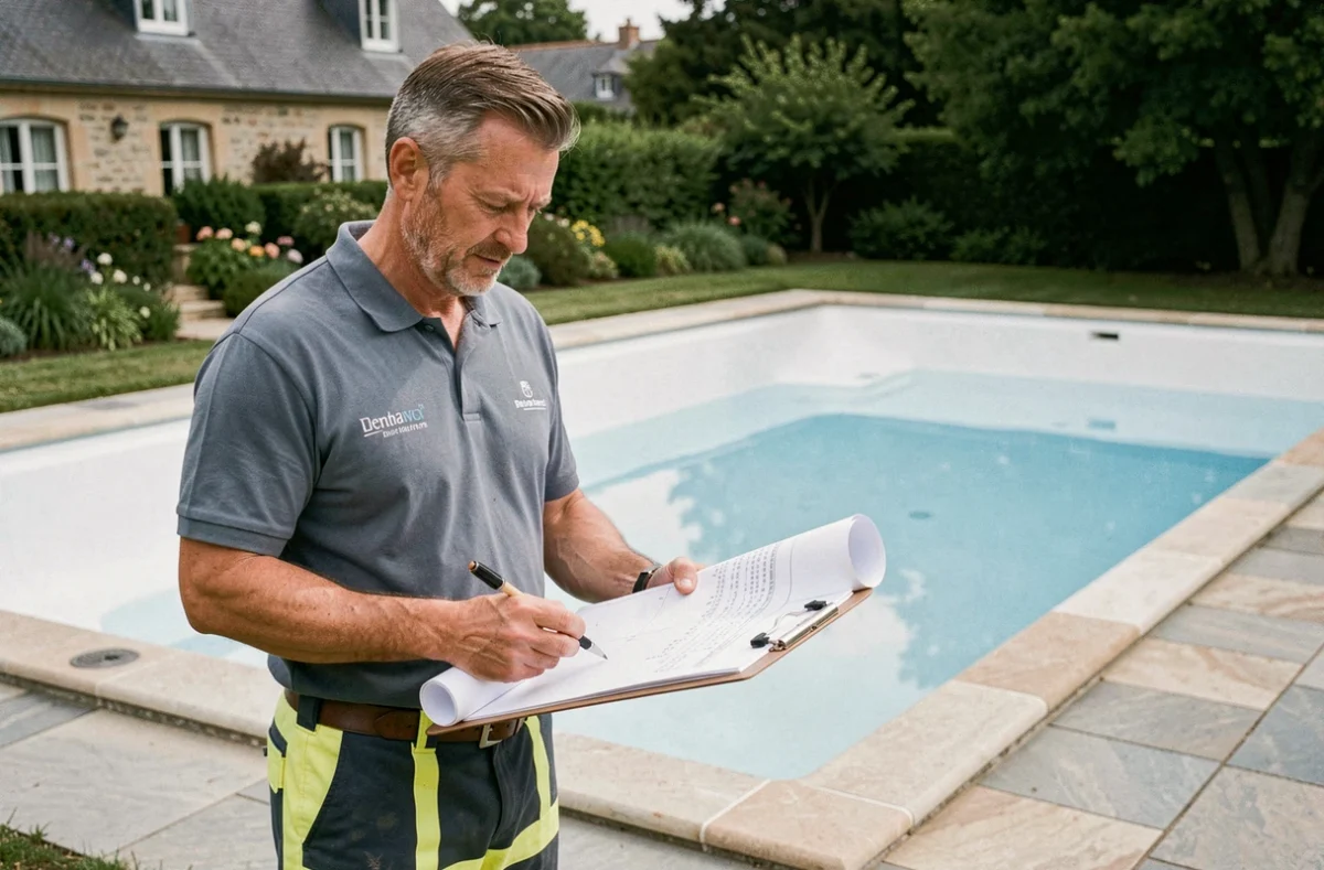 Consultant d'Aquilus Piscines Dinan debout près d'une piscine rectangulaire nouvellement installée, révisant des plans sur un chantier résidentiel à Dinan