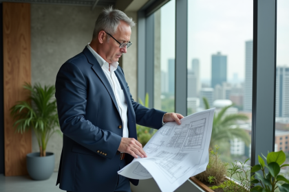 Architecte homme en costume dans un bureau moderne avec vue urbaine
