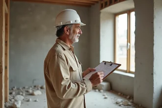 Artisan en train d'inspecter les murs rénovés d'une maison en chantier, tenant un carnet de travaux