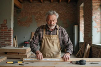 Artisan menuisier mesurant une poutre en bois dans une pièce en cours de rénovation