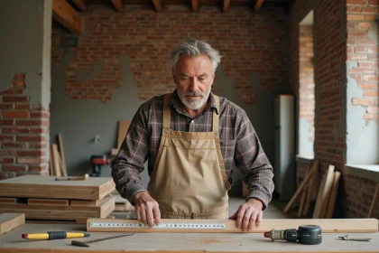 Artisan menuisier mesurant une poutre en bois dans une pièce en cours de rénovation
