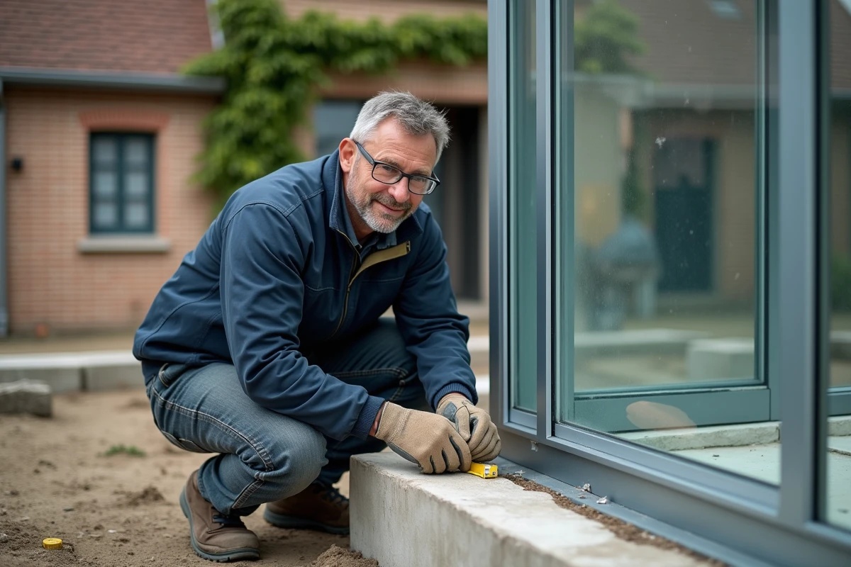 Artisan installateur mesurant la structure métallique d'une véranda en cours de montage sur un chantier résidentiel