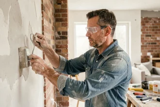 Artisan appliquant de l'enduit sur un mur en cours de rénovation dans un intérieur partiellement rénové