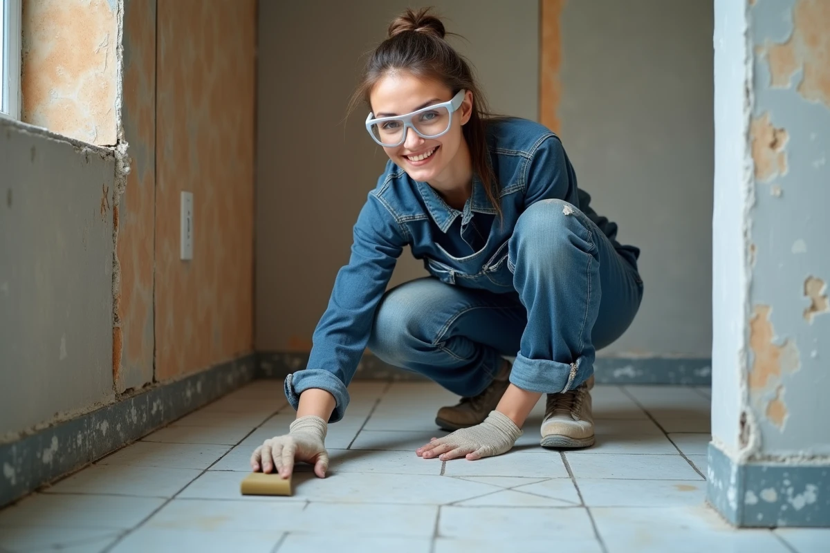 Artisane posant du carrelage dans une salle de bain en rénovation avec joint et taloche