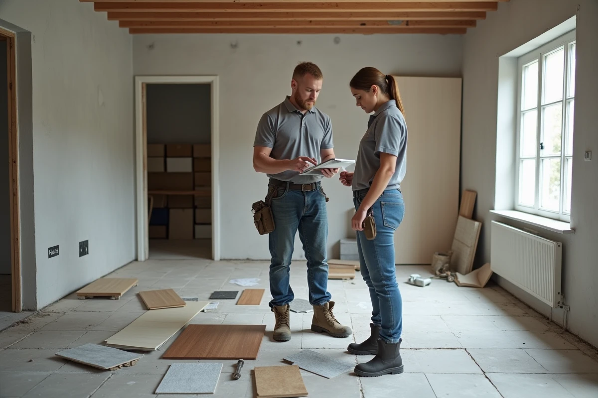 Deux artisans comparant des matériaux et les prix fournisseurs sur un chantier de rénovation