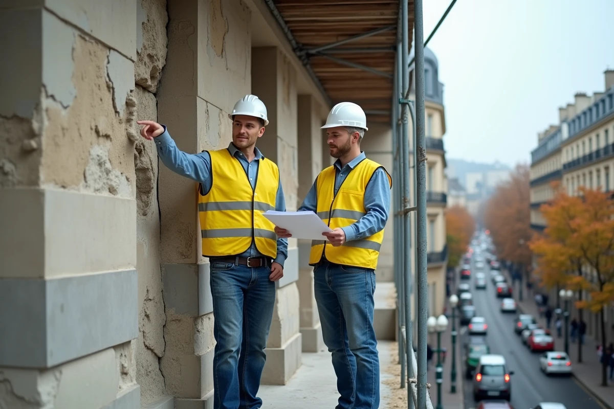 Deux artisans du bâtiment sur un échafaudage inspectant une façade en rénovation à Paris