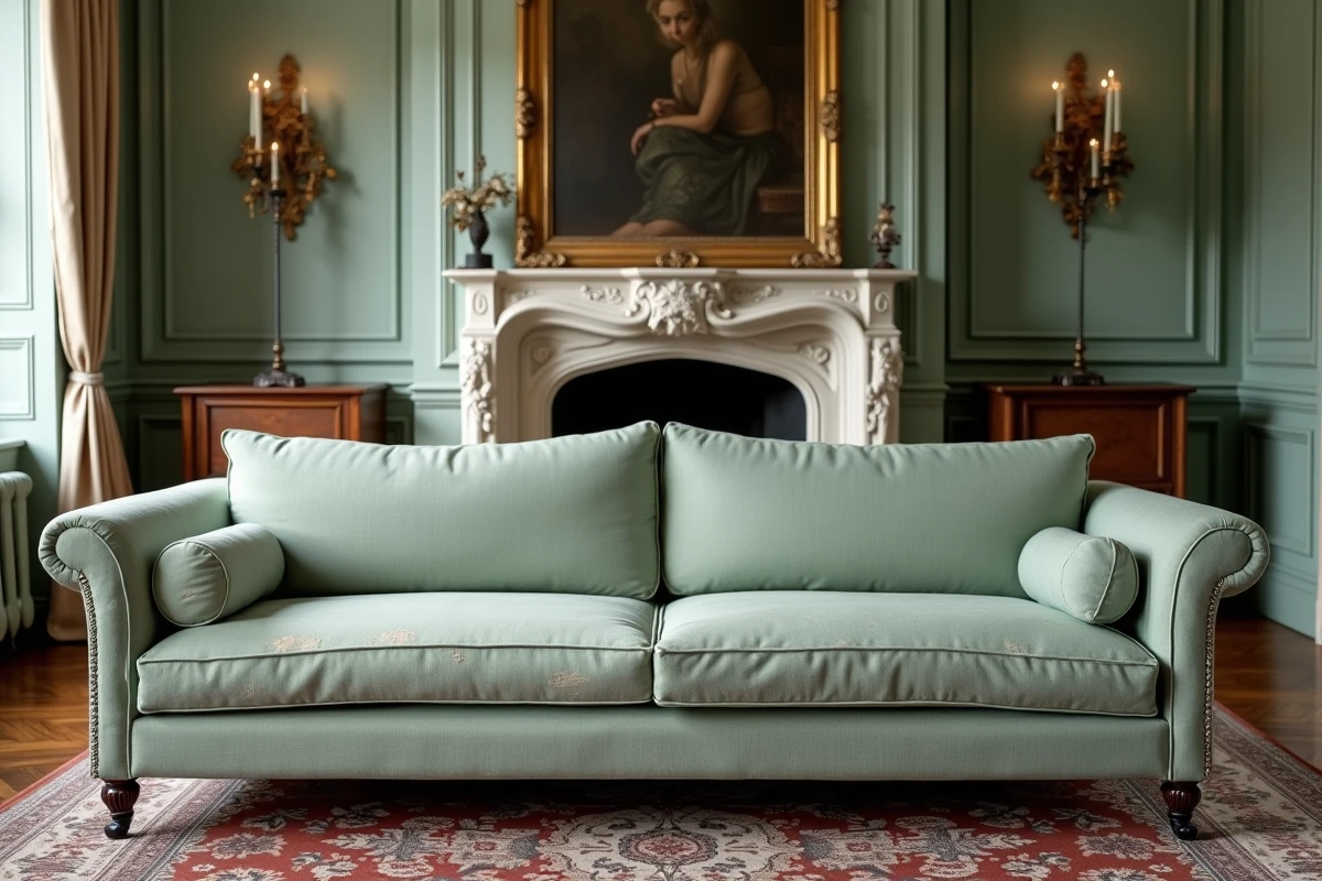 Canapé méridienne avant et après pose d'une housse haut de gamme vert sauge dans un salon bourgeois classique