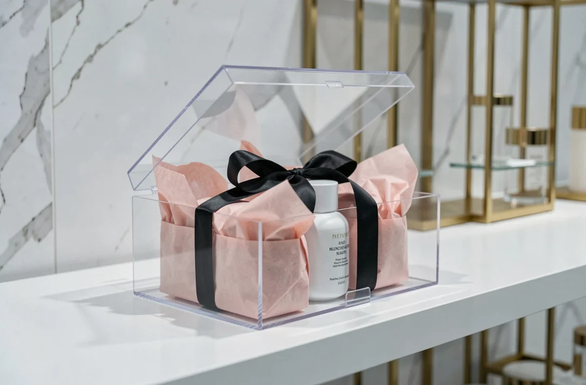 Boîte cadeau transparente en acétate rigide avec couvercle remplie de produits de soin luxueux emballés dans du papier tissu rose sur une étagère de boutique contemporaine
