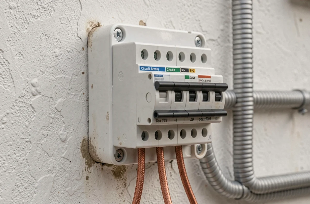 Boîtier de connexion électrique triphasé d'une pompe à chaleur avec câblage et disjoncteurs