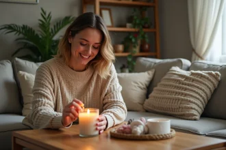 Femme souriante allumant une bougie artisanale dans un salon chaleureux