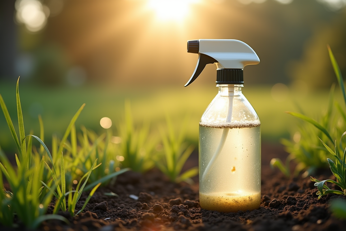 Bouteille de spray maison pour mauvaises herbes dans un jardin au matin