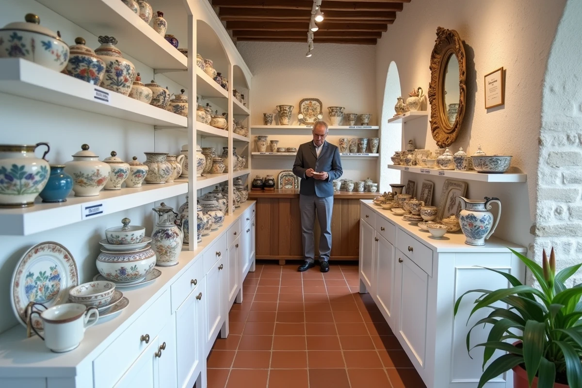 Boutique de faïences Quimper présentant des pièces Henriot anciennes et contemporaines sur des étagères avec étiquettes de prix et certificats d'authenticité