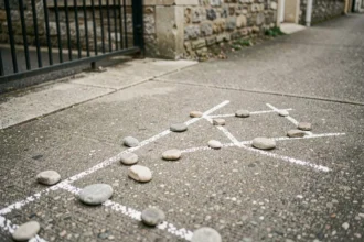Marquages suspects de cailloux disposés sur le trottoir devant une maison résidentielle, signes possibles de repérage de cambriolage