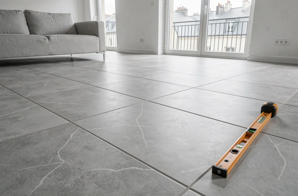 Sol en carrelage grand format gris posé dans un salon contemporain, résultat final d'une rénovation de qualité au m2