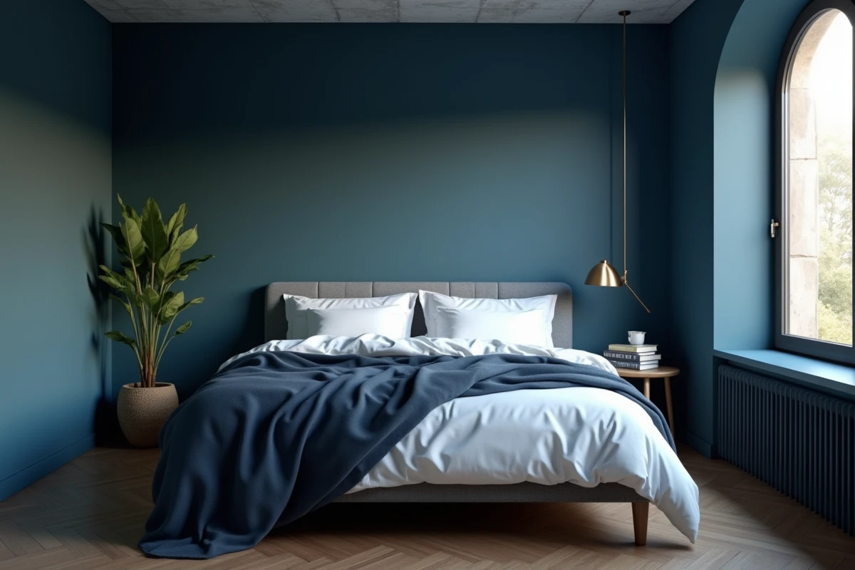 Chambre adulte peinte en bleu ardoise avec lumière naturelle matinale et literie blanche