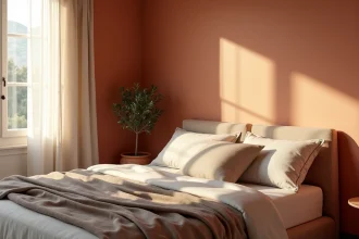 Chambre adulte avec peinture terracotta et lumière naturelle filtrée par des rideaux en lin