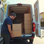 Personne chargeant des cartons dans une camionnette blanche