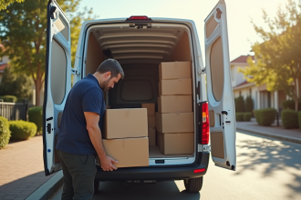 Personne chargeant des cartons dans une camionnette blanche