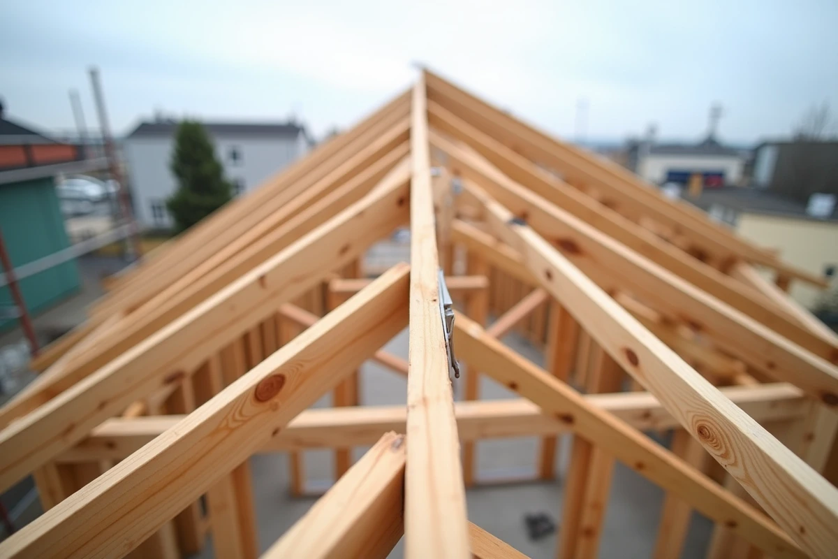 Charpente en bois brut neuve d'une maison de 100m2 vue depuis un échafaudage sur chantier
