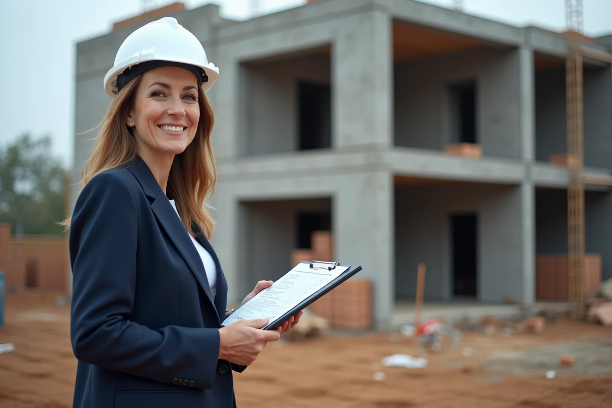 Femme cheffe de chantier tenant des devis de travaux sur un chantier résidentiel en construction avec échafaudage