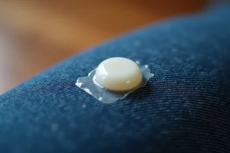Gros plan sur un chewing gum collé sur un jean en denim bleu foncé, montrant la texture du tissu et la gomme durcie