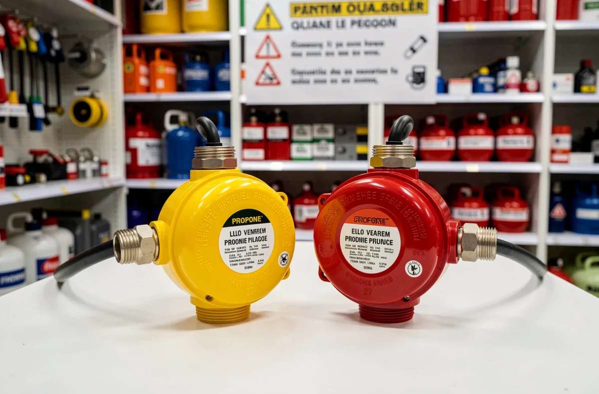 Comparaison côte à côte d'un détendeur butane jaune et d'un détendeur propane rouge sur un comptoir de quincaillerie