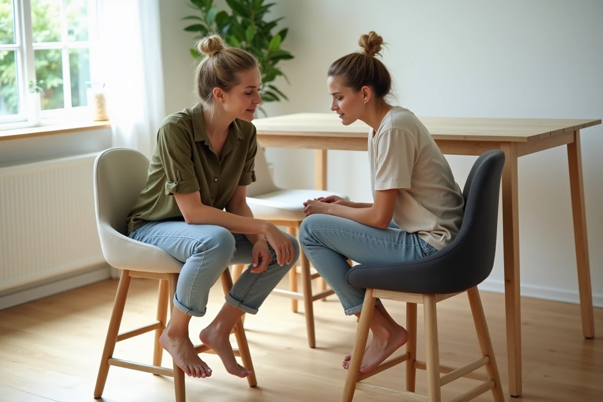 Femme comparant deux housses de tabouret de bar de tailles différentes dans une salle à manger scandinave lumineuse