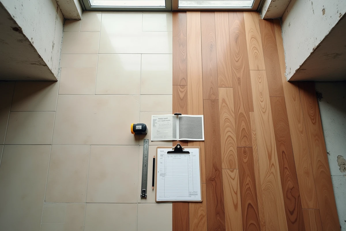 Comparaison côte à côte de carrelage beige et de parquet noyer sur un chantier avec devis manuscrit et mètre ruban