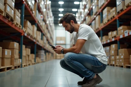 Homme comparant les prix du matériel de bricolage dans un magasin de construction avec son smartphone