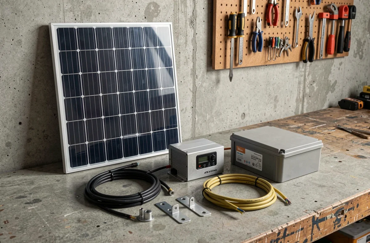 Composants d'un kit solaire en autoconsommation disposés sur un établi d'atelier, incluant panneau, onduleur et batterie