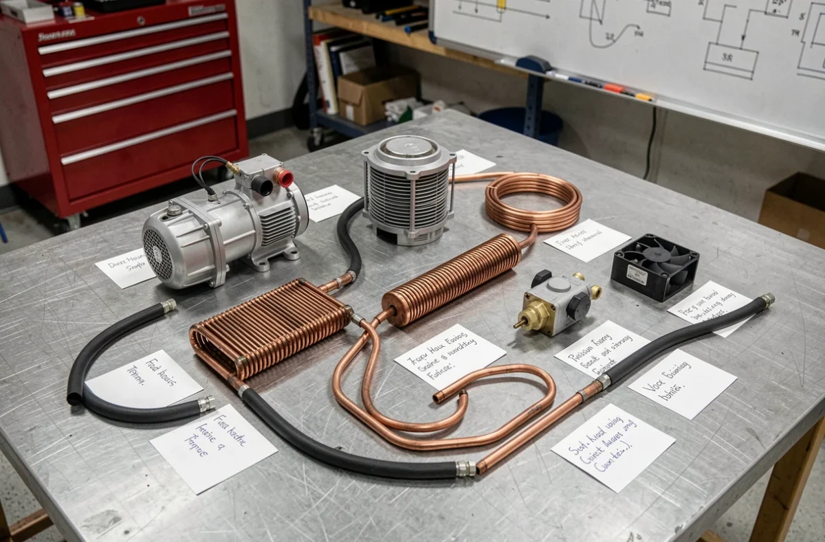 Vue à plat des composants principaux d'une pompe à chaleur air/air sur un établi d'atelier, compresseur, évaporateur et détendeur disposés avec étiquettes techniques