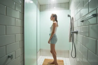 Femme sous une douche moderne avec paroi en verre et carrelage blanc, illustrant la consommation d'eau d'une douche quotidienne