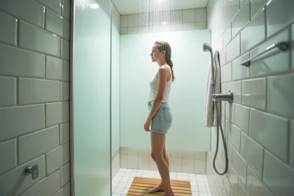 Femme sous une douche moderne avec paroi en verre et carrelage blanc, illustrant la consommation d'eau d'une douche quotidienne
