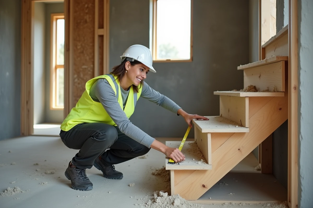 Contrôleuse mesurant la hauteur des marches d'un escalier en construction selon les normes NF P01-012