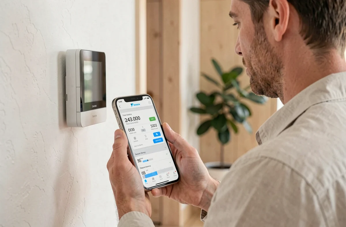 Homme contrôlant le thermostat Daikin via une application smartphone dans un couloir moderne