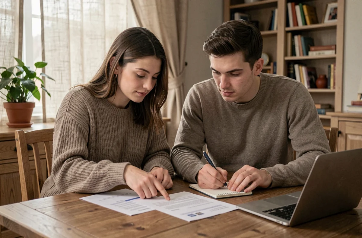 Couple comparant des offres de services à domicile, nounou et aide ménagère, attablés avec des documents