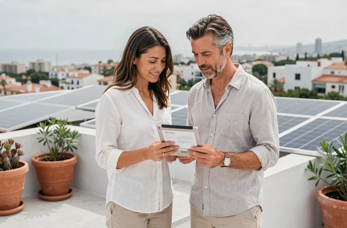 Couple espagnol consultant un devis de panneau solaire sur tablette sur une terrasse à Valence