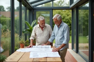 Couple examinant les plans de construction d'une véranda en aluminium et verre dans leur maison de banlieue française