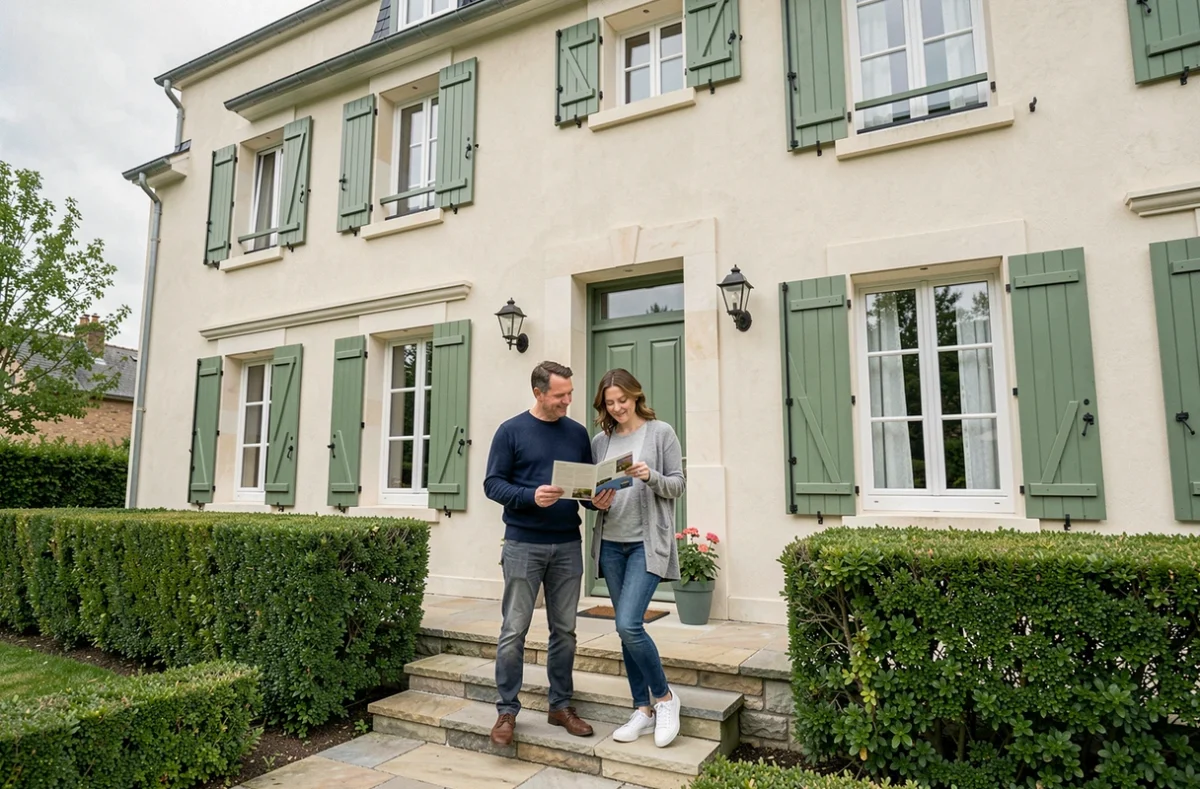 Couple de propriétaires étudiant les garanties de leur assurance maison devant leur pavillon en banlieue